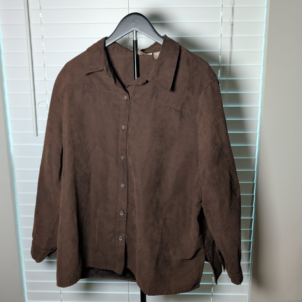 Studio Works Faux Suede Button Down Shirt Women 2X Brown Long Sleeve Excellent